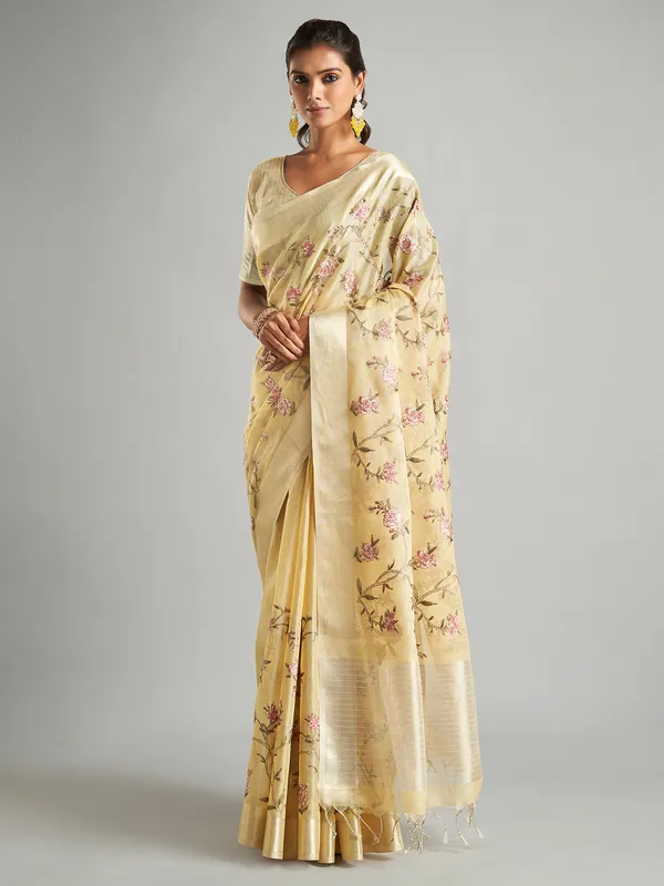 Cream tissue silk floral saree