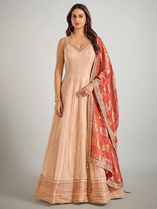 Cream tissue silk wedding anarkali suit