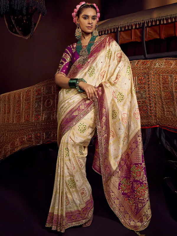 Cream wedding wear silk saree for wedding wear