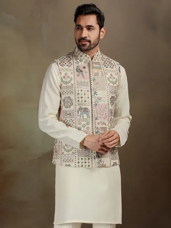 Cream zardosi silk waistcoat set for men