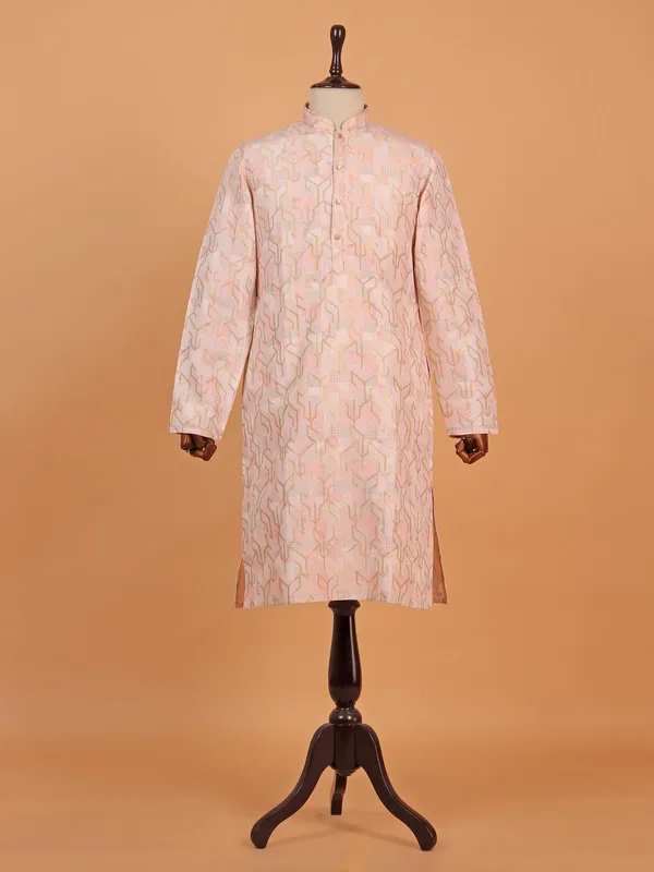 Cream zari printed cotton silk kurta suit for men