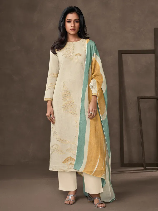 Cream zari worked salwar suit in cotton silk