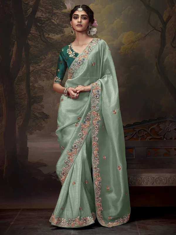 Crepe silk saree in sage green