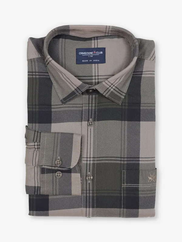 CRIMSOUNE CLUB olive checks cotton shirt