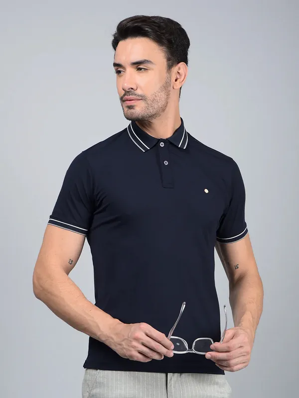 CRIMSOUNE CLUB solid navy blue polo t-shirt
