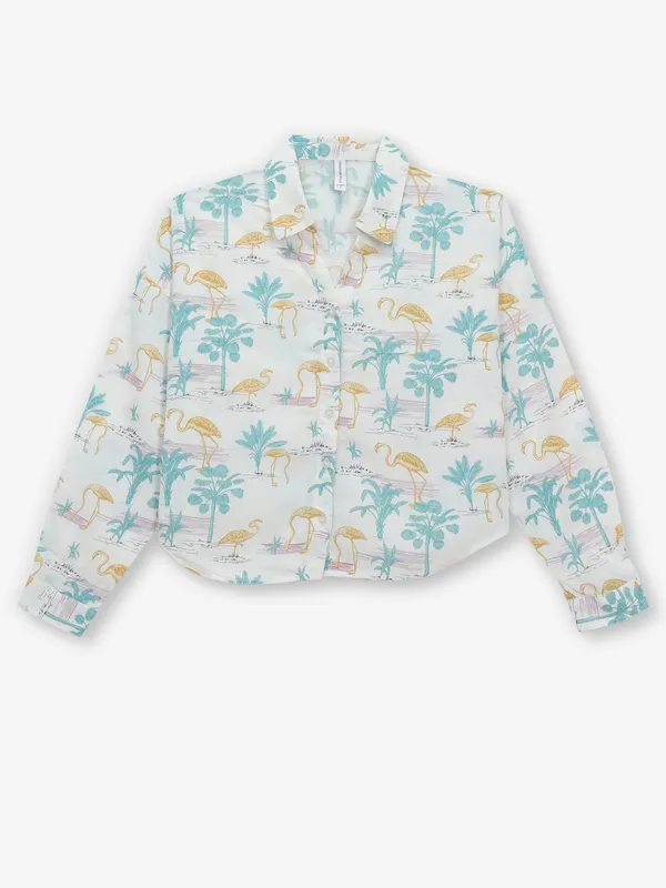 CRIMSOUNE CLUB white printed cotton crop shirt