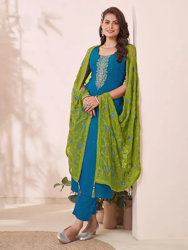 Dark aqua silk salwar suit with embellishments