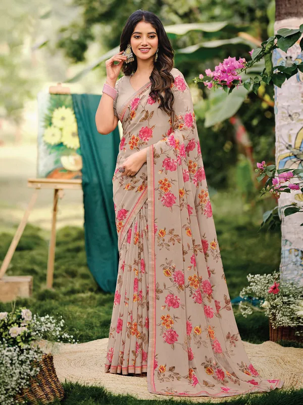 Dark beige georgette printed saree