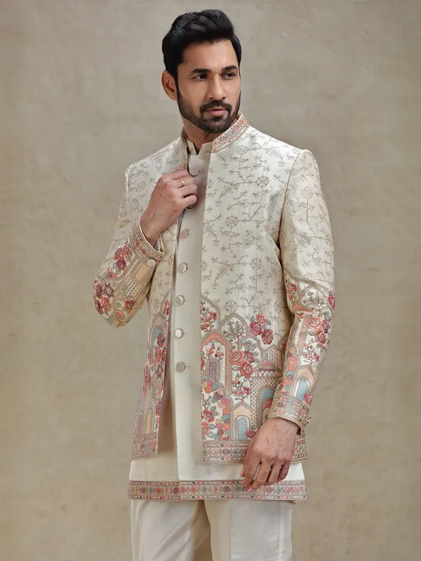Dark beige short jacket style indo-western in colourful embroidery