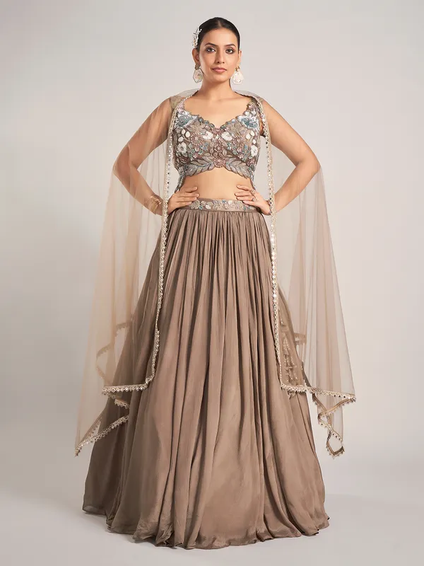 Dark beige silk wedding wear lehenga choli