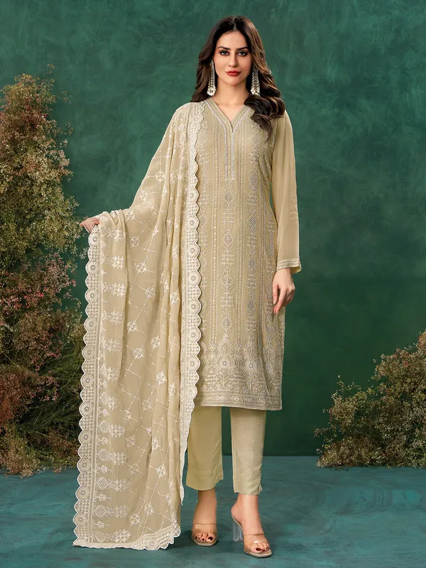 Dark Beige thread worked georgette salwar suit