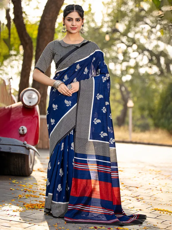 Dark blue bhagalpuri silk saree in printed