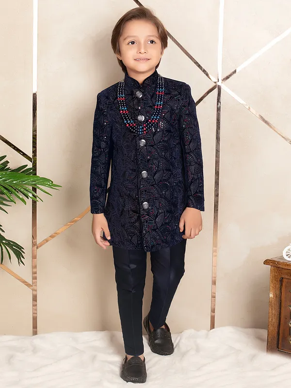 Dark blue charming indo western in velvet for boys
