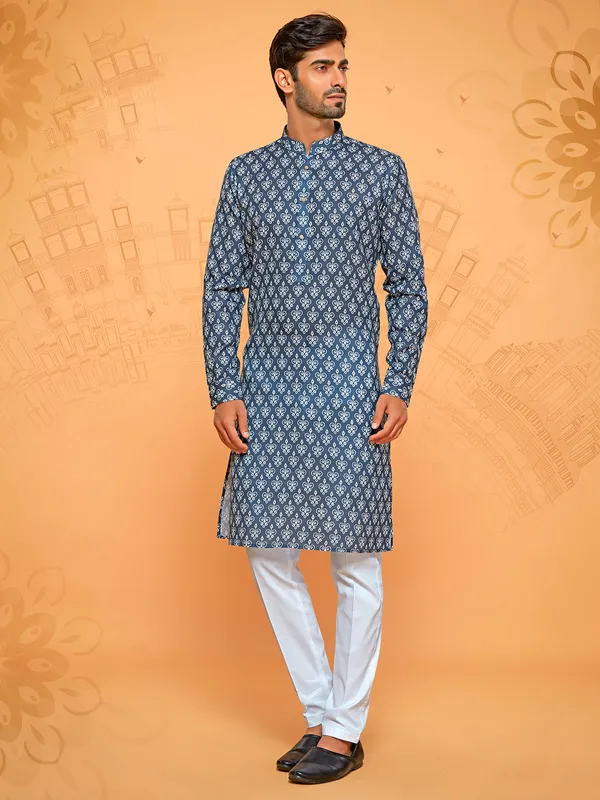 Dark blue cotton printed kurta suit for festive