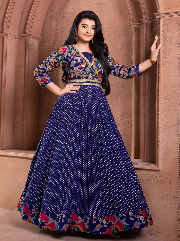 Dark blue designer gown in georgette for girls