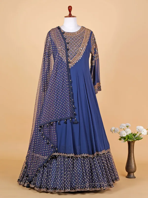 Dark blue georgette floor length suit