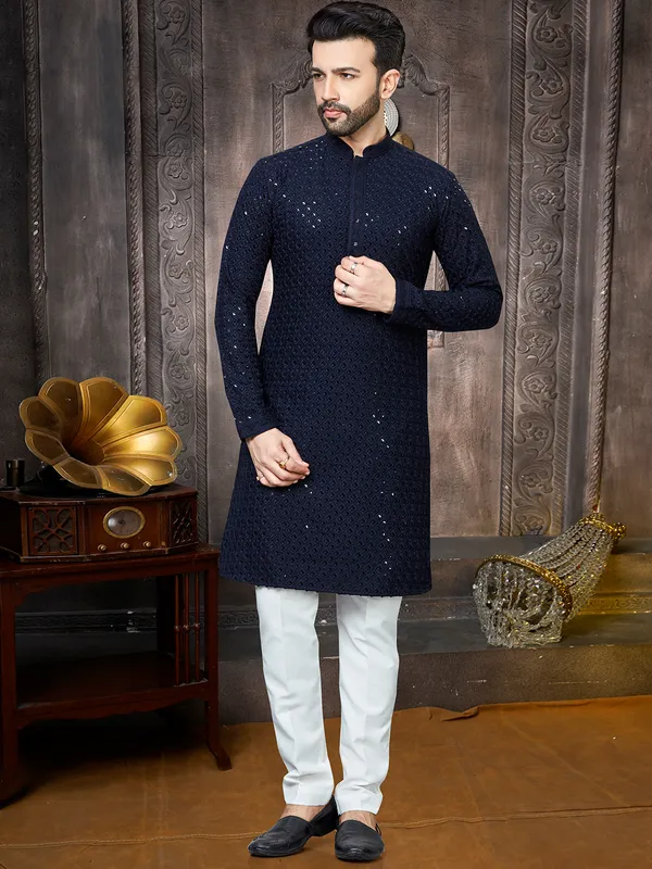Dark blue georgette sequins kurta suit for men