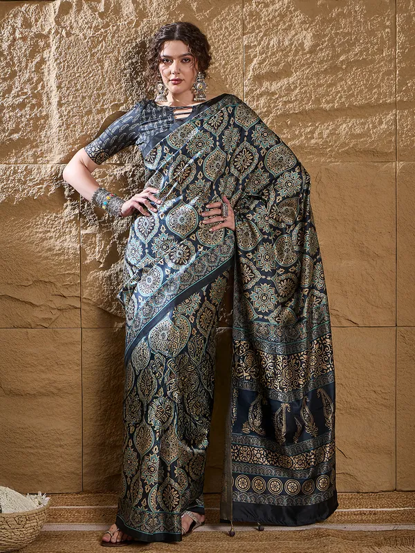 Dark blue printed saree in bhagalpuri silk