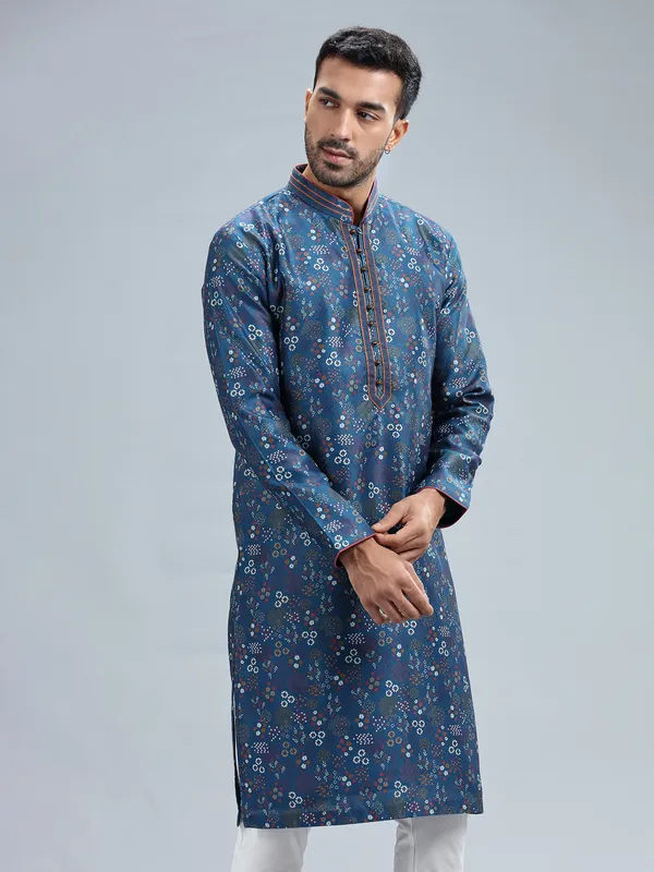 Dark blue printed silk kurta set for men