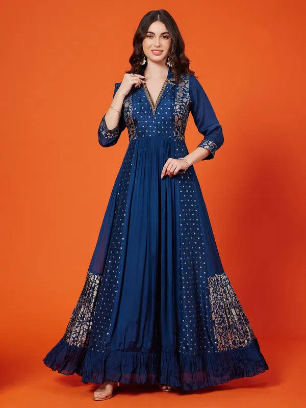 Dark blue silk anarkali suit with zari weaving