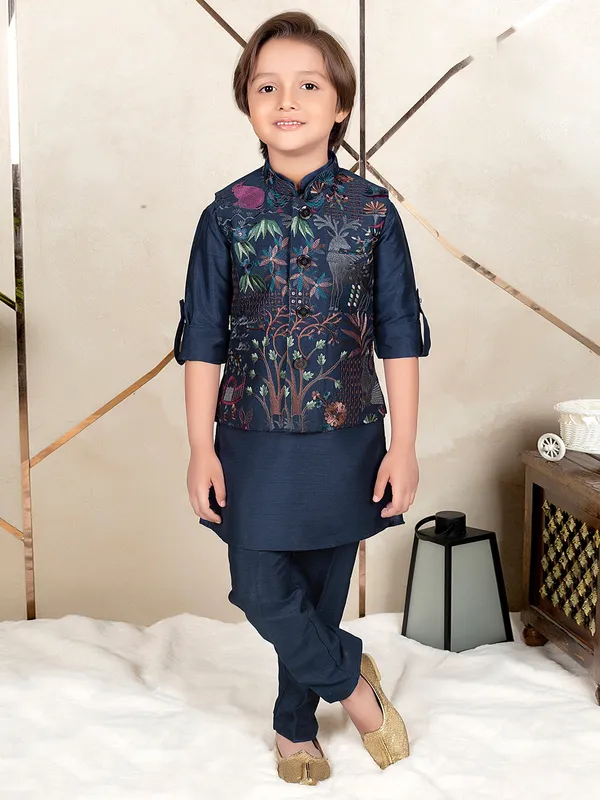 Dark blue silk festive wear waistcoat set for boys