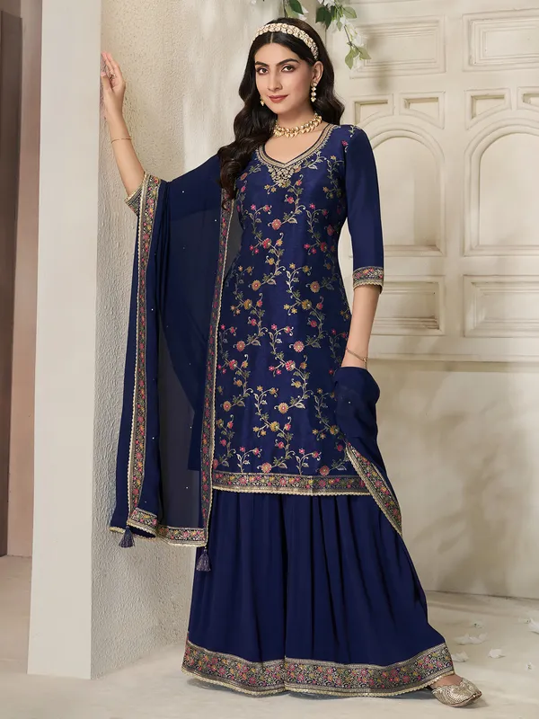 Dark blue silk palazzo salwar suit