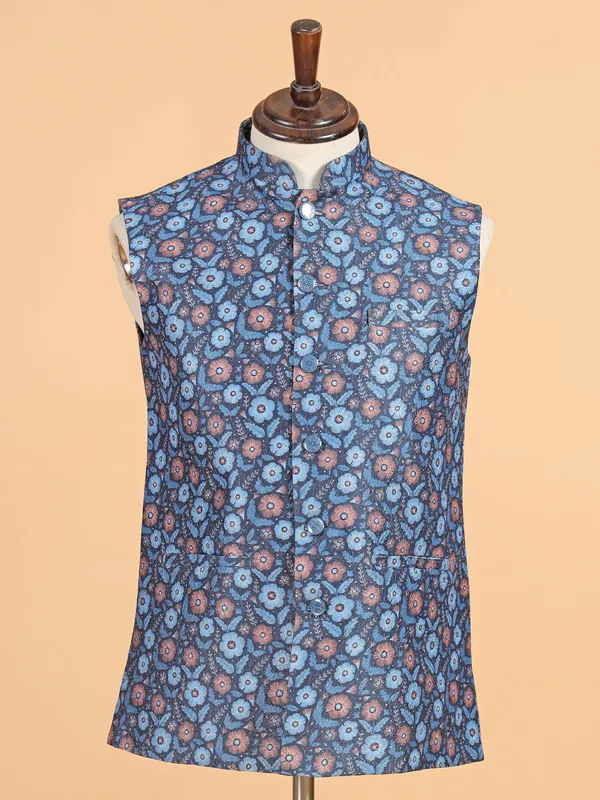 Dark blue zari textured waistcoat for men