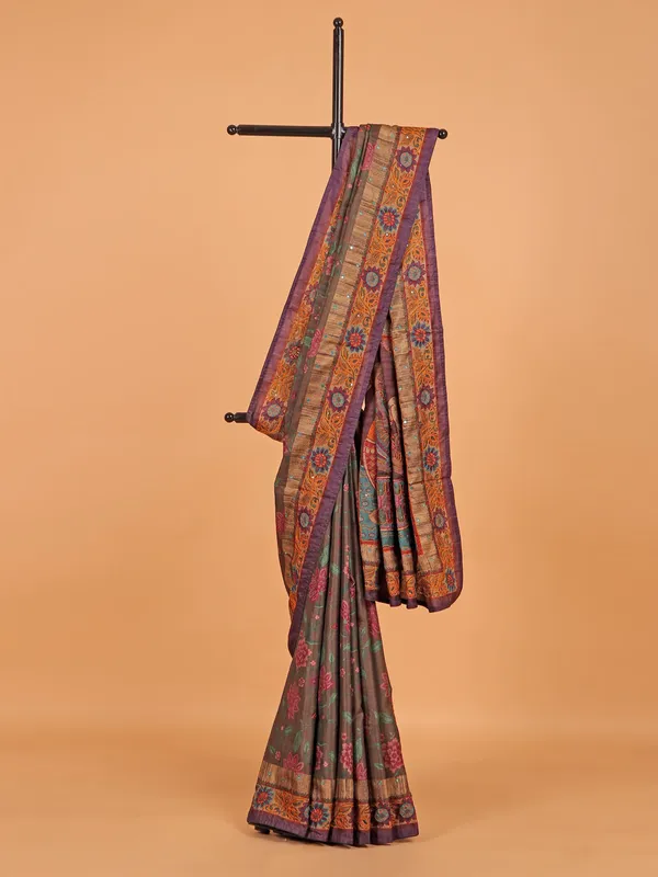 Dark brown cotton silk printed saree