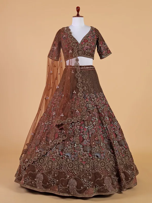 Dark brown net quarter sleeve lehenga choli