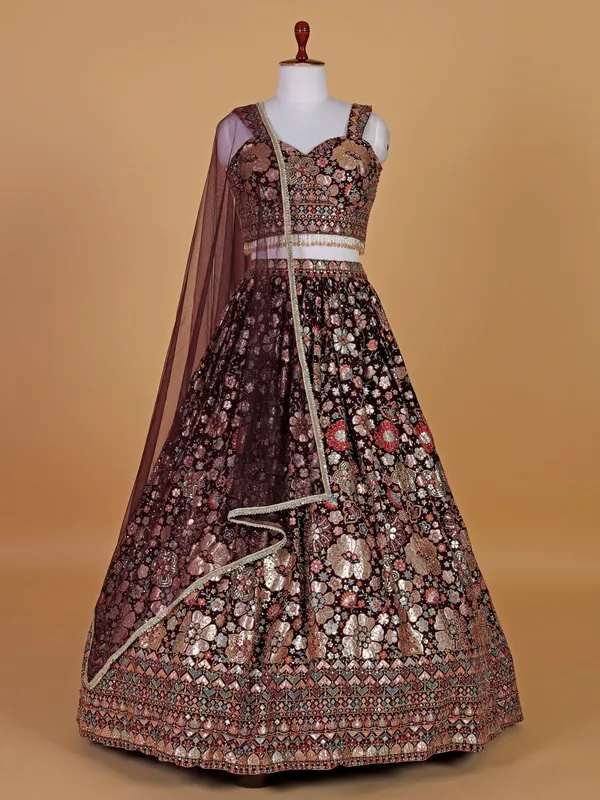 Dark brown party style georgette lehenga choli