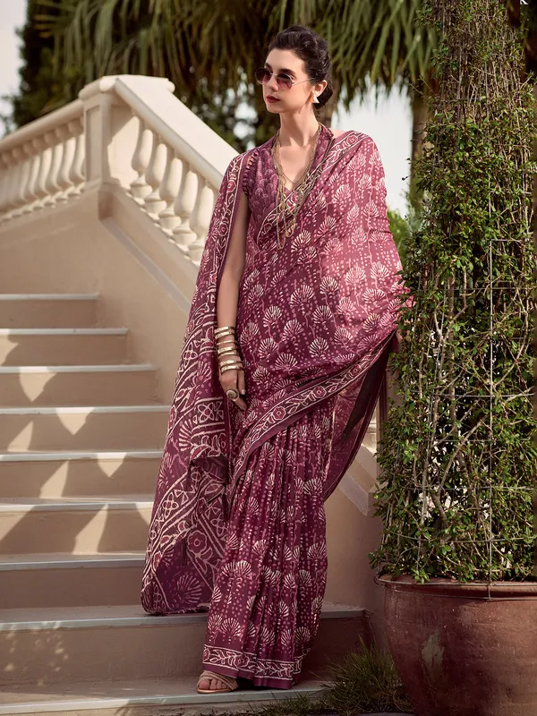 Dark brown printed malmal silk saree