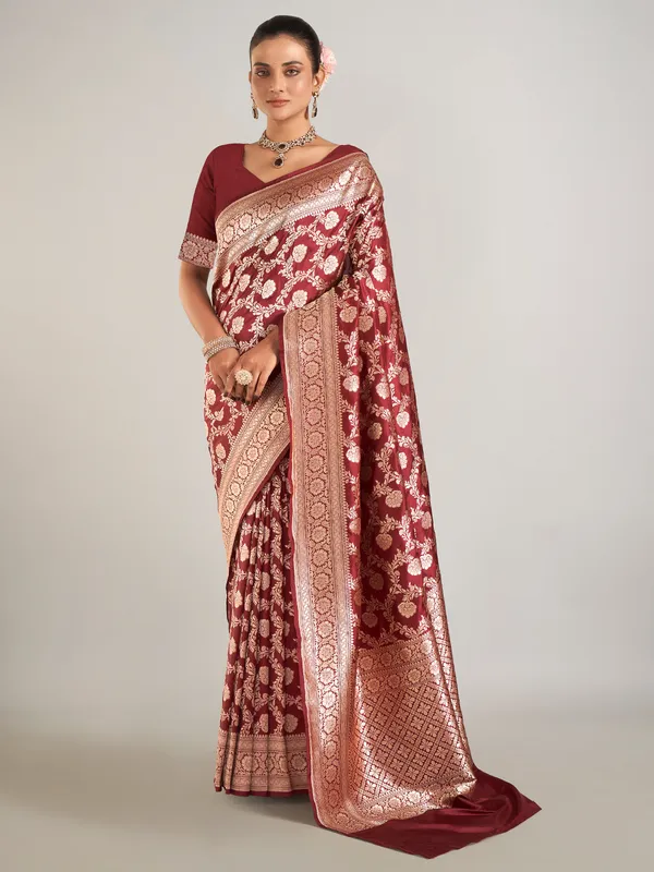 Dark brown zari weaving banarasi silk saree