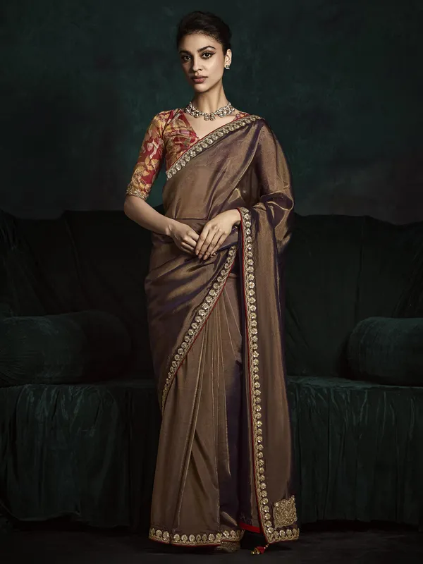 Dark coffee tissue silk wedding saree