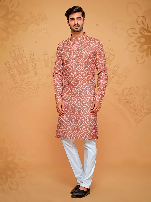 Dark coral brown printed full sleeve kurta suit for men