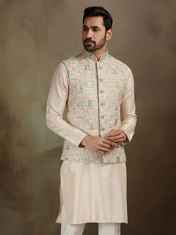Dark cream raw silk waistcoat set for men
