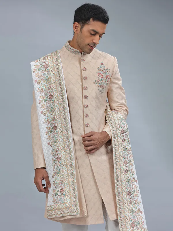 Dark cream silk sherwani for wedding