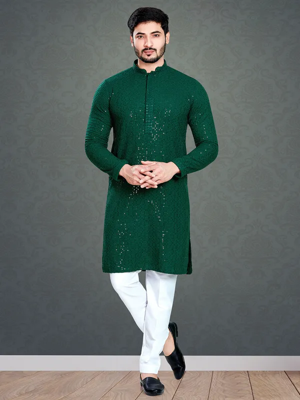 Dark green cotton  Men Kurta pajama with embroidery
