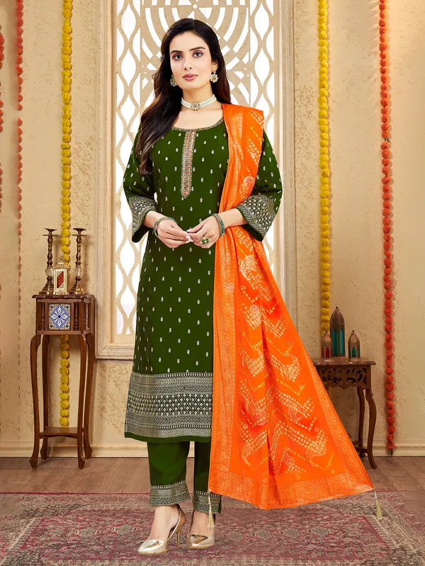 Dark green cotton silk salwar suit for celebrations