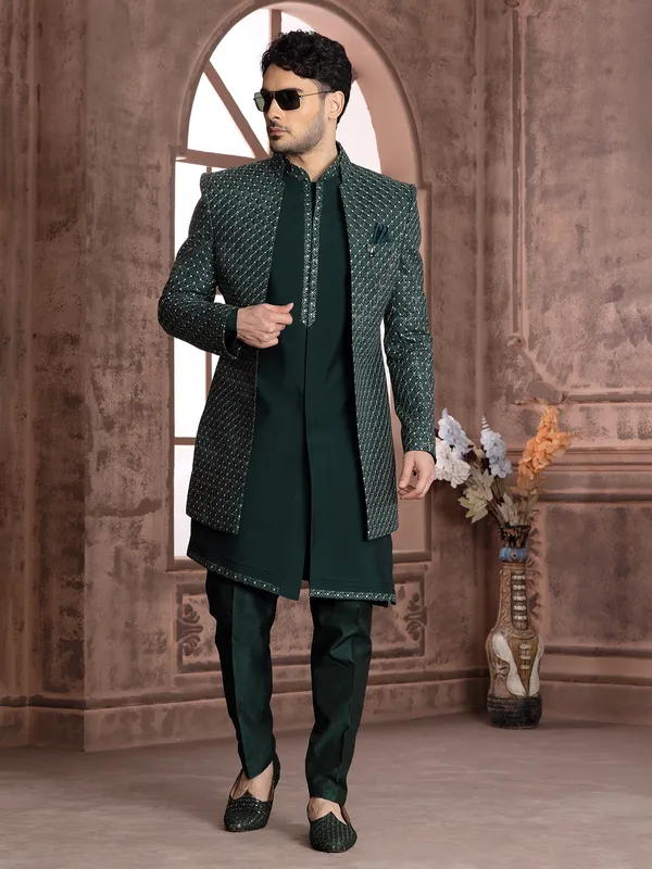 Dark green embroidery indowestern