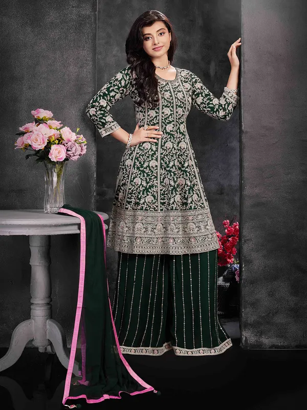 Dark green georgette embroidered palazzo suit for girls
