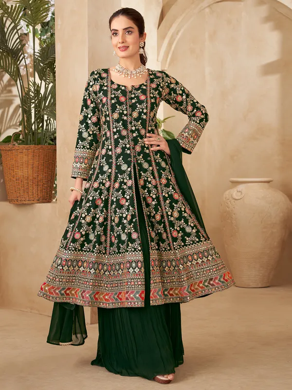 Dark green georgette palazzo suit with rich embellishment