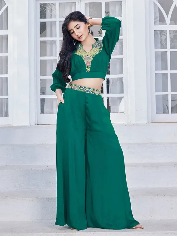 Dark green palazzo suit in silk
