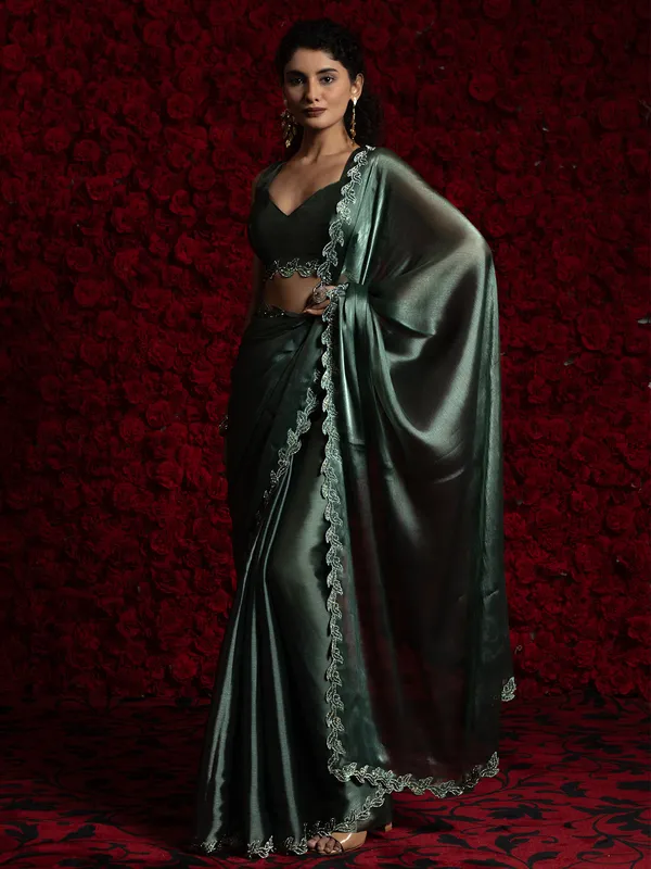 Dark green party wear chiffon saree