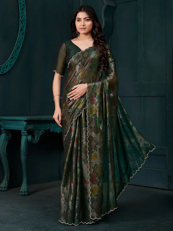 Dark green printed chinon chiffon saree with diamonds