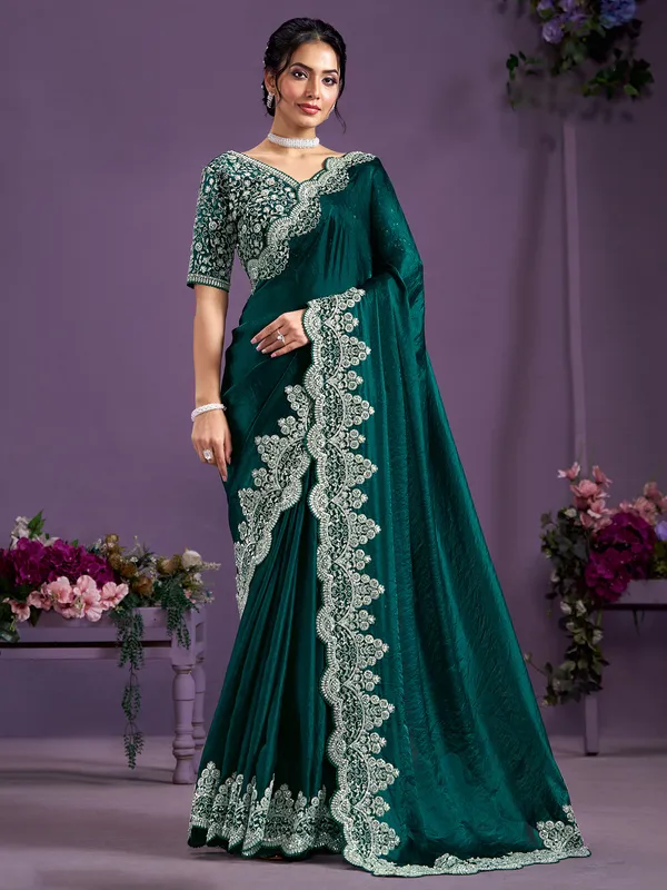 Dark green satin silk saree for wedding