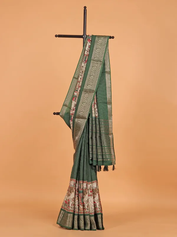 Dark green semi dola silk saree for women