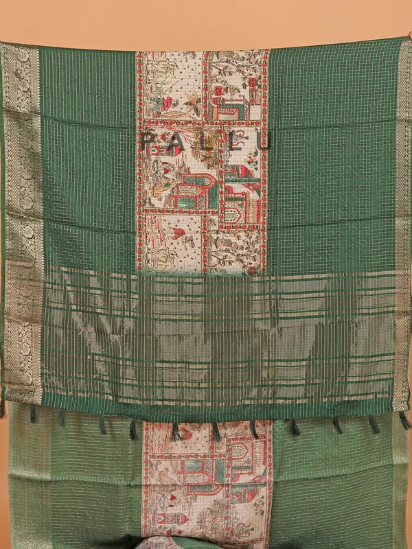 Dark green semi dola silk saree for women