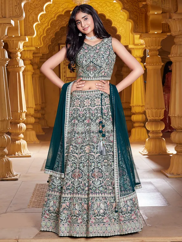 Dark green silk lehenga choli with resham work