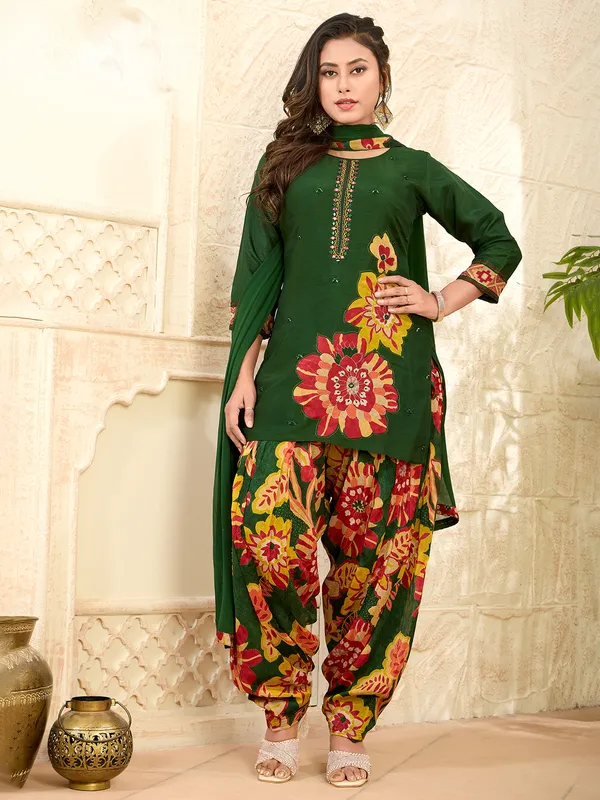 Dark green silk printed festive salwar suit