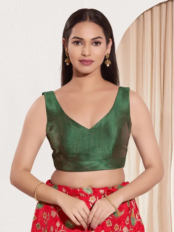 Dark green silk ready made blouse for women